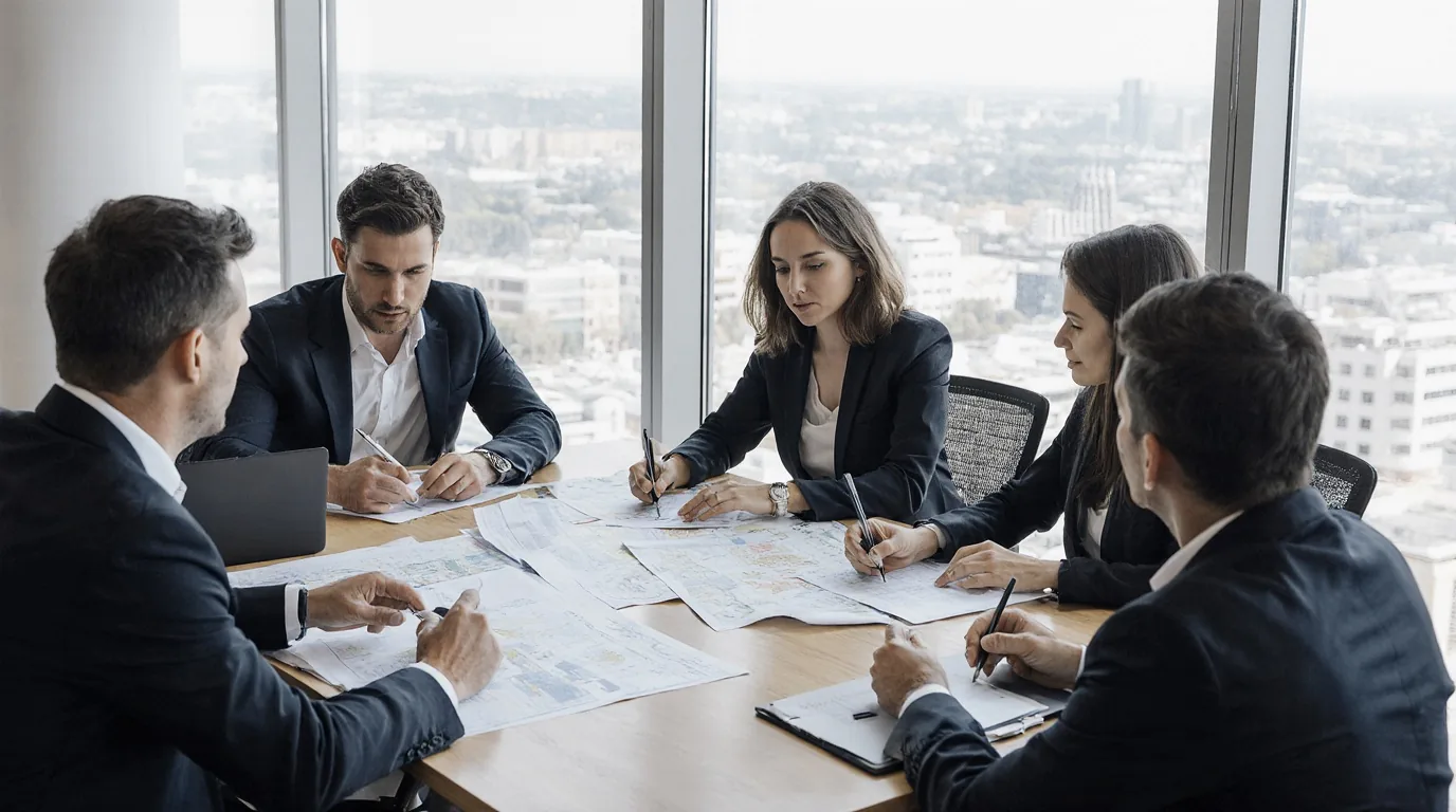 Equipo revisando expedientes y planos de inversión